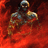 A muscular figure with a helmet stands against a red, smoky background, depicted in a pixelated style with visible animation frames.