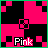Pixelated of pink and black squares with a pink square icon and changing text below it