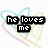 Pixelated text and symbols on a white background with faint heart outlines, including 'he loves me', 'but.', and 'I don't know how I feel' over a red broken heart.
