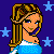 Pixel art of a female character in blue and white clothing against a dark blue starry background with text elements.