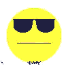 Yellow circular face with dark sunglasses and a straight mouth, transitioning to various tongue positions in an animation.