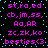 Static pixel art displays repeated text strings in pink and cyan on a black background with blue dots.