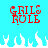 Pixelated red text "GRILS RULE" on cyan background with white flame-like shapes below.