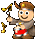 Pixelated cartoon character with brown hair and horns holds a golden musical note, then releases it while smiling.