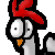 Pixelated cartoon chicken with red comb, black feathers, white face, and orange beak on gray background.