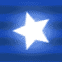 A white star with a blue glow transitions through multiple sizes against a blue striped background, ending in a small star on the right.