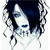 Pixelated image of a stylized skull with dark blue hair and white facial features against a light background.