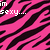 Pink and black zebra-stripe pattern with pixelated white text fragments scattered across the image.