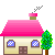 A 4-frame pixel art animation of a pink-roofed house with smoke, tree, and door variations across frames.