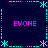 Pixel art animation featuring four 'EVONE' text blocks in pink, surrounded by cyan star-like symbols and dotted lines on a dark blue background.
