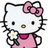 Pixelated white cat with black eyes and nose, pink bow on head, holding a daisy in left hand, wearing pink dress with purple collar.
