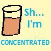 Pixelated image of a glass with brown liquid and white foam, next to blue text reading 'Sh... I'm CONCENTRATED' on a light yellow background.
