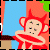 Pixelated cartoon monkey with red fur and horns, holding a red object, against blue sky with green foliage and brown structures, showing animation changes in mouth and background text.