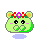 Pixelated green character with orange ears, red-and-yellow checkered headband, pink cheeks, and black eyes; three variations show different poses and heart symbols.