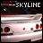 Pixelated image showing a white vehicle with red accents under dark background, topped by "--SKYLINE" text in blocky font.