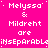 Pixelated text repeats 'Melyssa & Mildreht are' on a bright pink background with a gray rectangle in the bottom-right corner.