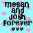 Pixelated text 'megan and josh forever' with three heart symbols on a light blue background with scattered pink hearts.