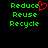 Green pixelated text 'Reduce Reuse Recycle' on black background with red heart symbol replacing 'e' in 'Reduce' on left side.