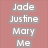 A static buddy icon with four quadrants: top-left lists names, top-right reads 'Together forever...', bottom-left shows interlocked hearts on red background, and bottom-right is gray.