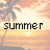Pixelated sunset scene with palm trees and ocean, featuring the word 'summer' in black text.