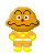 Pixelated character with brown rounded head, red nose, white eyes, and orange-yellow outfit with yellow accents, shown in multiple poses.