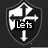 Two shield-shaped icons with directional arrows and text overlays, alongside a profile portrait of a person wearing glasses. The shields display "Lets" and "Frais" respectively over arrow symbols on dark backgrounds.