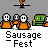 Animated contact sheet of 10 frames showing pixelated characters at a sausage-themed event with changing speech bubbles and character positions.