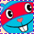 Blue cartoon character with red forehead, large black-and-white eyes, pink heart-shaped nose, and white teeth in a wide smile.