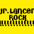 Yellow background with black pixelated text repeating 'JR. Lancer' and 'ROCK' in two horizontal , each containing three repetitions of the phrases