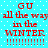Pixelated red text on cyan background with white dots, repeating 'GU all the way in the WINTER' and multiple exclamation marks across two identical sections.