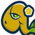 A pixelated yellow cow head with a single green eye, dark blue outline, and small black nostril on white background.