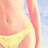 A pixelated image of a person in a yellow bikini top with text overlays on red and gray backgrounds.