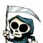 Pixelated skeletal figure with dark hooded cloak holding curved scythe, white skull face with black eye sockets and nose cavity against plain background.