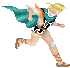 Pixelated character with blonde hair and teal cape running in four sequential poses against gray background.