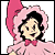 Pixelated cartoon character in pink outfit with large hat and bow tie, static single-frame image.