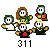 Pixelated animation of a character with brown hair and white eyes, transitioning from multiple figures to large blue text '311' against gray background.