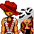 Pixel art contact sheet showing two animated character designs with red and white color schemes, featuring a male figure in red attire and a female figure in black-and-white striped clothing across multiple frames.
