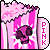 A 5x5 contact sheet of identical animated frames showing a pink striped popcorn bucket with a dark purple skull inside, each frame labeled "PINK" on the right side.