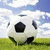 Pixelated soccer ball on grass with blue sky background, overlaid with four blue text boxes reading 'Friends', '+', 'Soccer', and 'My Info'.