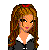 Pixel art contact sheet showing three frames of an animated AIM buddy icon featuring a cartoon woman with long brown hair and red headband, wearing black outfit with white collar and cuffs, dark pants with red stars, and visible midriff.