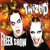 Static pixelated image of two stylized faces with white highlights against a fiery orange-yellow background, featuring text elements and blocky color transitions.