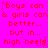 A bright pink background with red pixelated text repeating 'boys can & girls can better... but in... high heels!' across multiple