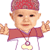 Pixelated cartoon baby with red headband, maroon shirt, and yellow dog tag necklace against white background.