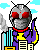 Pixel art animation of a robot-like character with red eyes and antennae standing in front of city buildings, shown across two frames where the right arm position changes slightly.