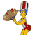 Pixelated character with yellow skin holds brown object and red-and-white striped item against white background.