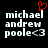 Pixelated text 'michael andrew poole<3' in white on black background with red heart symbol above first line.