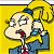 Pixelated cartoon character with blonde hair and blue outfit on yellow background next to green text reading "Original Icons .com" in pixel font.