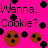 Pixelated icon with bright pink background, black text reading "Wanna... Cookie?", and two brown cookies with chocolate chips.
