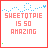 Static icon with red border displaying 'SHEETQPIE IS 50 AMAZING' text and blue dotted star trails on white background.
