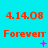 three and three displays orange text '4.14.08' above red text 'Forevert', with pink plus signs or X symbols below the middle , on a cyan background